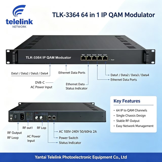 TLK-3364 IP QAM Modulator 64 Channel Digital TV Broadcasting Encoder Scrambling Multicast Headend Equipment