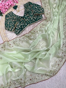 Sari en satin ethnique pur Fandy avec de magnifiques broderies à sequins et un chemisier contrastant de créateur pour femme, idéal pour les fêtes traditionnelles - Product Image 3