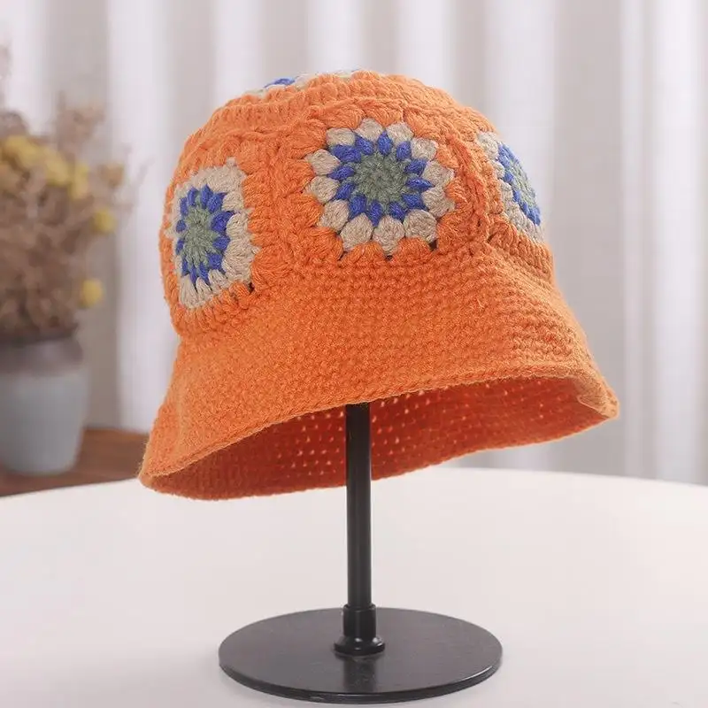 Autumn Crochet Bucket Hat Women Ladies Handmade Knit Flower Fisherman Hat Female Bob Fashion Preppy Style Hats Wholesale