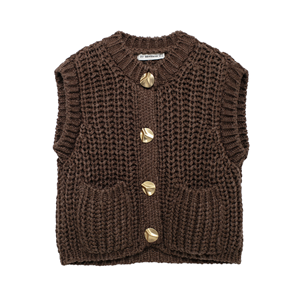 2024 automne Vintage femmes sans manches gros pull simple boutonnage tricot <span class=keywords><strong>gilet</strong></span> avec cou grossier tricot haut pour l'automne superposition - Product Image 1