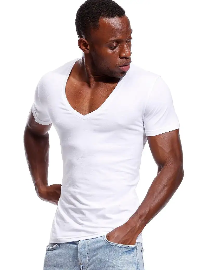 Deep V Neck T Shirt For Men Low Cut Vneck Wide Vee Tee Male Tshirt Invisible Undershirt Model Scoop Hem Slim Fit Short Sleeve