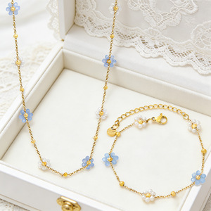 Stainless Steel Flower Necklace <b>Bracelet</b> <b>Set</b> With Pearl Women's Jewelry Gift - Product Image 1