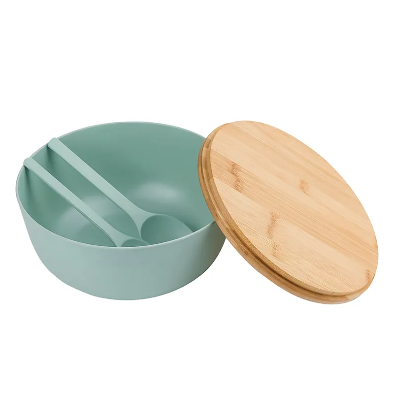 Salad Bowl 9.8'' Biodegradable Wooden Bamboo Fiber Serving,Mixing Bowl Set With Lid Tongs Servers