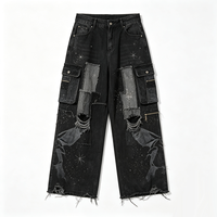 Jean cargo noir à jambe large, imprimé Kornit DTG Star Sky Wing, déchiré, avec patchs et bords effilochés, style streetwear en denim