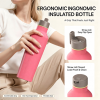 Nouvelle bouteille d'eau hexagonale ergonomique en acier inoxydable Hong Ling 18oz, isolée sous vide, avec couvercle à paille et plusieurs couvercles interchangeables