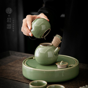 Ceramic Tea Caddy Bamboo Green Glaze Round <b>Small</b> Portable Loose Tea Storage <b>Jar</b> <b>With</b> Wooden <b>Lid</b> For Travel - Product Image 3
