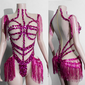 Justaucorps rose magenta à franges de strass Cyber Pop pour festival de musique, scène, diva, drag queen, artiste, costume de spectacle - Product Image 5