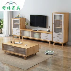 Nordic Style Tv Cabinet And <b>Coffee</b> <b>Table</b> Set Natural Wood Color Base Cabinet Simple Modern Living Room Storage Furniture - Product Image 1