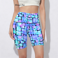 Shorts de yoga pour femmes à imprimé géométrique moderne, bleu et violet, taille haute, 230 g/m², avec poche