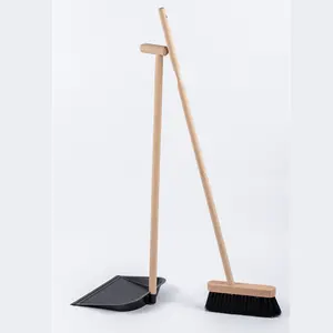 Wood Broom Set Sustainable High Quality Upright Lobby Long Handle Wooden Broom Wooden Dustpan And Brush Set