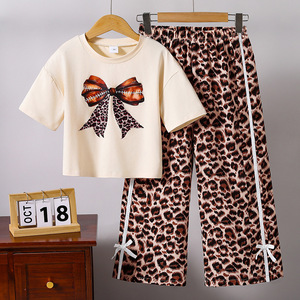 Vêtements pour adolescents de 8 à 12 ans, t-shirt à manches courtes à col rond avec nœud, pantalon large à imprimé léopard, ensemble de 2 pièces pour filles, vêtements d'été pour filles - Product Image 1