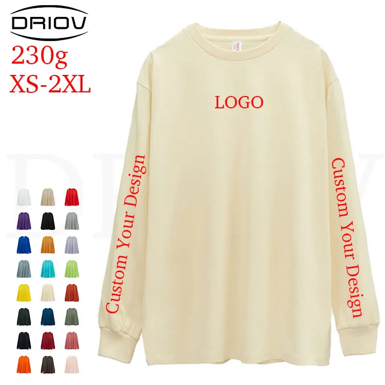 100% Baumwolle 230G Blank Plain Schwarz Übergroße Grafik Unisex Custom T-Shirt Frauen Männer Full Long Sleeve T-Shirt