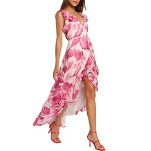 Tie Dye Print Ladies Summer Dress Ruffle Sleeves Deep V-Neck Colorful Flowy Long Dress Women Asymmetric Skirt