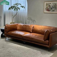 Canapé en cuir véritable ciré à l'huile, style minimaliste italien, compact et vintage, ensemble de meubles de salon à lignes droites pour hôtels