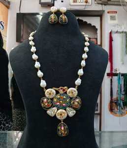 Elegant Tanjour Handmade Long <b>Necklace</b> Set with Enamel Pendant and Pearl Beads <b>Statement</b> Traditional Jewelry for Women - Product Image 4
