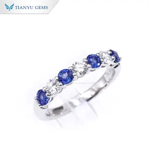 Tianyu Gems round 3.0mm moissanite and sapphire 10k 14k 18k solid white gold eternity band for women party