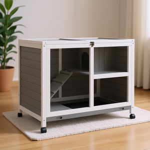 Gabbia per conigli grigia in legno con porte bloccabili, vassoio, rotelle e rampa - Cuccia per animali domestici da interno - Product Image 2