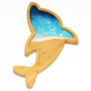 异想天开的高级树脂波浪海豚设计木质餐盘海洋主题餐饮展示
