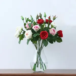 High-end artificial feel three-head real feel tea white roses wedding home interior decoration flower material