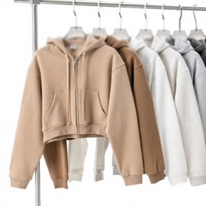 Sweat à capuche court rose pour femme, fermeture éclair intégrale, poche avant, en molleton, idéal pour l'automne, doublure en molleton brossé, finitions côtelées - Product Image 6