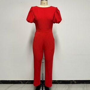 <span class=keywords><strong>Tuta</strong></span> rossa Casual da donna con girocollo a maniche corte estiva ampia fantasia solida e decorazione con volant - Product Image 1