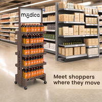 Présentoir mobile en bois moderne sur 5 niveaux avec roulettes pour bouteilles de boissons, idéal pour les magasins de détail et la vente en gros, directement de l'usine