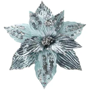 Vendita calda decorazione albero di natale ornamentale con paillettes blu Glitter Poinsettia fiori di natale Poinsettia