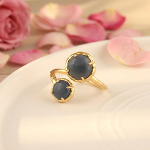 Natural blue opal gemstone <b>ring</b> double round stone glossy <b>ring</b> prong <b>set</b> designer textured gold plating <b>ring</b> for regular wear - Product Image 3