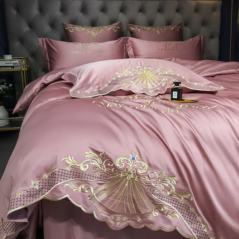 Hot sale design luxury washed silk embroidery brushed cotton bedsheet polyester bedding bed sheet set duvet cover