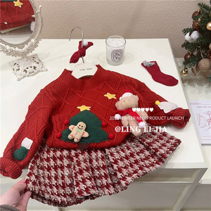 Girls Winter Sweater Set Thick Knitted Top And Skirt Checkered Cartoon Pattern Cotton Children Outfits - Product Image 1
