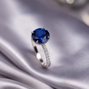 Bague de fiançailles solitaire en argent sterling 925 avec saphir bleu royal taille ronde, bande d'accentuation, bijoux fins pour femme - Product Image 3