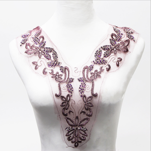 Bridal Wedding Beaded Neckline Applique Embellishment Collar With clear Rhinestone Silver Tone Metal <strong>Studs</strong> Beads on Tulle - Product Image 1
