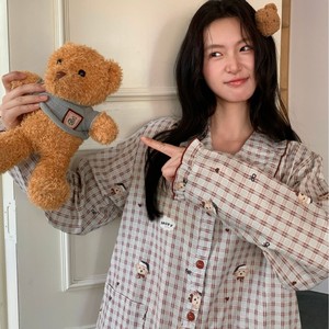 Conjunto de Pijama a Cuadros para Mujer, Algodón Puro, Hilo de Doble Capa, Transpirable, Mangas Largas, Cuello de Muñeca con Encaje, Ropa para el Hogar - Product Image 1