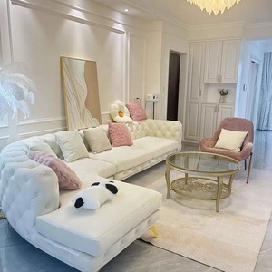 Juego de Sofás Seccionales de Tela Rosa de Estilo Americano Europeo, Esponja de Alta Densidad, Botones Decorativos de Lujo, Forma Curva - Product Image 4