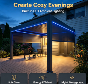 Pérgola Moderna con Techo <span class=keywords><strong>de</strong></span> Láminas, Gazebo <span class=keywords><strong>de</strong></span> Aluminio con Luces LED, Pantallas Retráctiles, Vidrio Templado Impermeable, Pabellón Personalizable - Product Image 4
