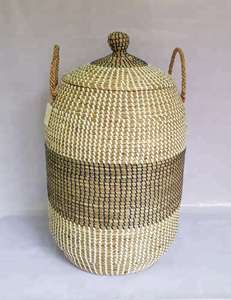 Decorative Two-tone Striped <b>Wicker</b> Laundry Basket with Cover and Rope Handles Rustic Handmade Home Storage Organizer <b>Bin</b> - Product Image 5