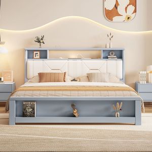 Nordic Style Solid Wood <b>Bed</b> 1.5M 1.8M Modern Minimalist <b>Storage</b> Lighted Headboard Master Bedroom <b>Double</b> <b>Bed</b> - Product Image 3