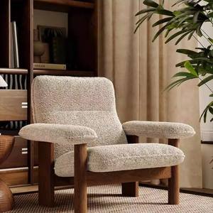 Hotel Lounge Chair Solid Wood Oak Cream Lamb Wool Upholstery Indoor Study Room Chair - Product Image 6