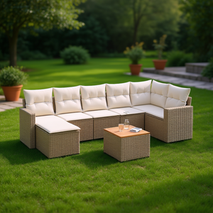 Conjunto de Sofás Modulares de Ratán Beige para Jardín, Muebles de Exterior para 6 Personas, Diseño Contemporáneo - Product Image 2