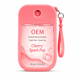 Spray désinfectant pour les mains OEM 35 ml, parfum Cherry Spark <span class=keywords><strong>Pop</strong></span>, étui en silicone rose vif, porte-clés, désinfectant portable - Product Image 1