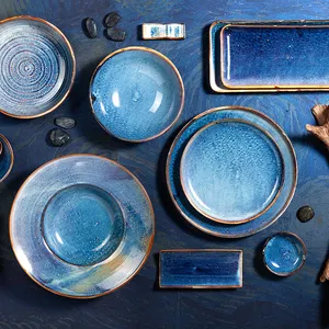 Vajilla nórdica de cerámica colorida, juego de platos al por mayor rusos, vajilla de porcelana azul de lujo para restaurante