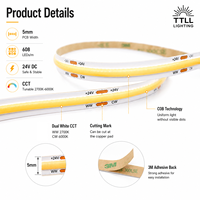 Bande LED COB CCT 24V 5mm 608 LED/m Blanc réglable 2700K-6000K Rouleau de 50m Ruban linéaire sans points pour projets d'éclairage commercial