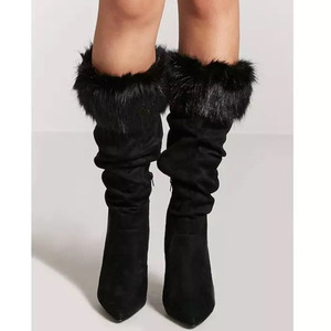 Suede Upper Fluffy Fur Women Pile up Boots Side Zipper Comfortable Short Booties High <b>Heel</b> Half Knee High Daily Boots Shoes - Product Image 3