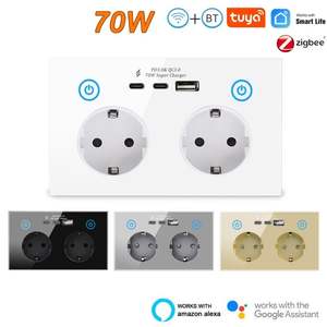 70瓦图亚无线网络和Zigbee Type-c快速充电13A智能双英国墙壁插座，带2组220伏玻璃面板2个交流插座 - Product Image 5