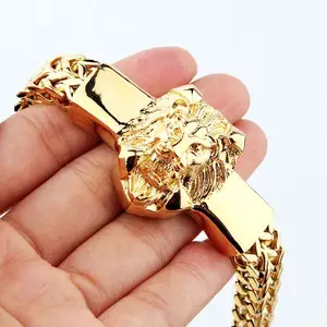 Das heißeste doppel kettige Löwenkopf 18 Karat Gold Edelstahl schwere Chunky Franco Kette Cuban Link Armband