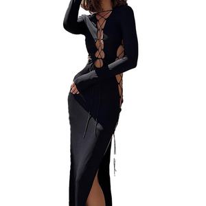 Vestido de otoño para mujer OEM de alta calidad, venta al por mayor, nuevo, sexy, con encaje hueco, ajustado, con abertura, largo, de punto, sencillo. - Product Image 1