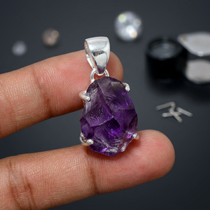 Natural Amethyst Rough Blue Women's 925 Sterling Silver GIA Certified Handmade Fine Jewelry <b>Birthstone</b> Prong Setting Pendant - Product Image 3