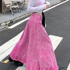 Latest Design Custom Logo Vintage Washed Casual Denim Skirt Pink Color Women Long <b>Jean</b> Women <b>Jean</b> Skirts - Product Image 2