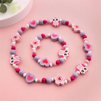 Ensemble de bijoux en bois écologique avec perles colorées en forme de hibou de dessin animé, collier et bracelet, accessoires pour enfants et filles, cadeau d'anniversaire