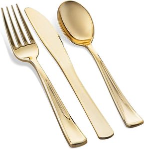 Wholesale gold rimmed disposable plastic dinnerware sets include fork spoon and knife cup for weeding party charger plates